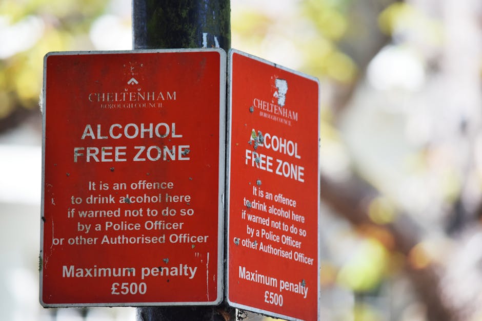 Close-up of two red Cheltenham Borough Council signs indicating an alcohol-free zone, mounted on a dark metal pole. The signs feature white and gray text, with the words 'ALCOHOL FREE ZONE' prominentl
