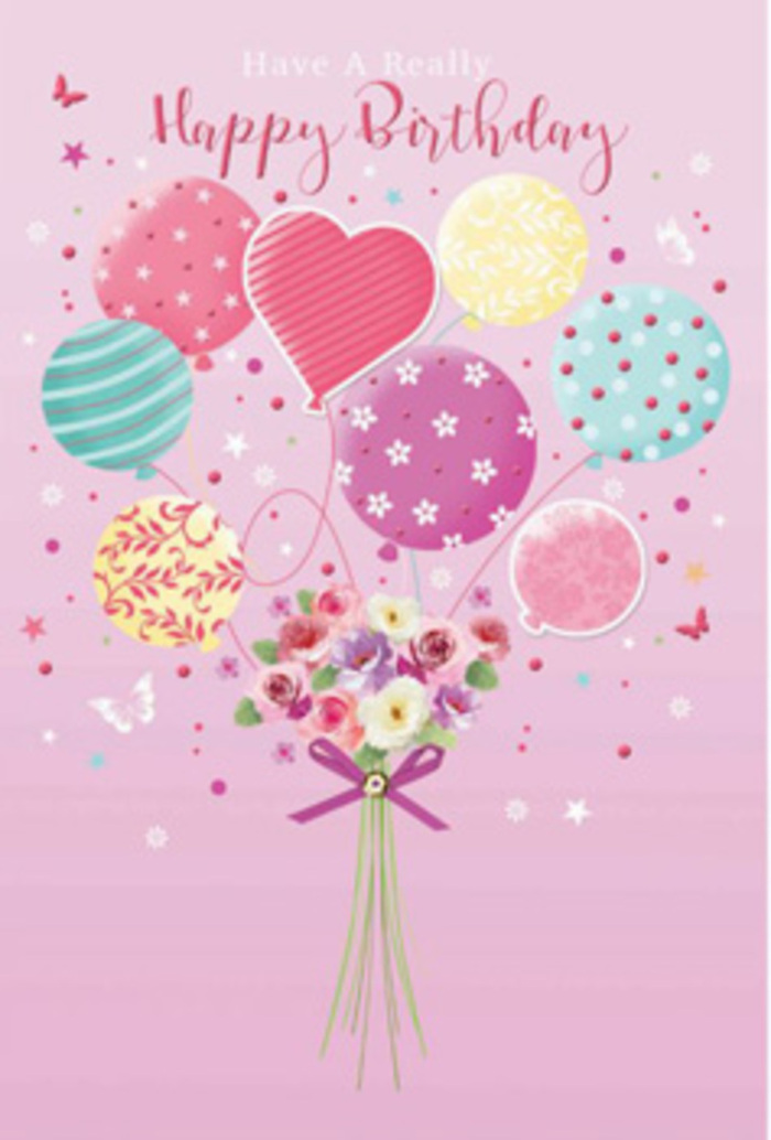 There is a feeling of gentle jubilation woven through this illustrated birthday design, as if a small Kingston Vale garden has floated up into the sky for a celebration. The scene opens on a soft pink backdrop that glows like early evening light over the nearby park, creating a tranquil setting for the playful details to shine. A cluster of pastel balloons drifts upward, each one a small canvas of its own. Some glow in pale sunshine yellow, others blush with rosy fuchsia and lavender, and several are decorated with swirling stripes and joyful polka dots. Their shapes feel weightless, as though a soft breeze has just lifted them from a local birthday gathering. At the base, a dainty hand-tied bouquet forms the grounding element of the composition. Petite roses, daisy-like blooms, and other small garden flowers are nestled together, their petals gracefully shaded from cream to gentle rose tones, as if kissed by morning light slipping through Kingston Vale windows. The bouquet is bound with a violet ribbon, its satin surface catching the light like a fine detail added by a meticulous florist. Nearby, delicate butterflies flutter across the design, their wings tiny brushstrokes of colour that give the impression of a daydream or a garden party suspended in time. The overall mood is tender and uplifting, whispering happiness rather than shouting it, much like a quietly thoughtful birthday surprise delivered across Kingston Vale. Each element-the florals, the balloons, the fluttering accents-comes together with the precision and warmth of someone who understands how to turn a simple card into a cherished birthday keepsake.