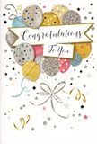 This image captures a refined congratulations card designed to feel as joyful and uplifting as hearing good news while strolling the leafy streets of Kingston Vale. The front of the card features a radiant bouquet of illustrated balloons, gathered into a loose cluster that seems to float upward from the lower edge. Each balloon is slightly different, with rounded, softly shaded shapes in tones of warm gold, pale silver, blush pink, dusty blue, and soft grey, all accented with patterns of tiny stars, fine stripes, or delicate speckles that suggest sparkling glitter. The metallic effect is subtle but striking, evoking the glimmer of party decorations under gentle indoor lighting. Slender ribbons, drawn in curling strokes of gold and silver, trail from the base of the balloons, looping and swaying as if caught in a light breeze. Surrounding the main cluster, the background is filled with scattered stars, small dots of confetti, and whimsical swirls that mimic the carefree energy of a celebration just getting underway. Cutting gracefully across the middle is a soft banner carrying the phrase "Congratulations To You" in elegant script, its flowing letters conveying warmth and sincerity. The whole design feels light, airy, and unmistakably festive while still maintaining a polished, grown-up charm. It's the kind of card a local florist might tuck into a hand-tied bouquet delivered across Kingston Vale for graduations, new jobs, promotions, or any milestone where you want the recipient to feel seen, appreciated, and truly celebrated.