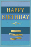 This sophisticated birthday card offers a beautifully understated sense of celebration, built on a foundation of broad, horizontal blue stripes that gently shift in tone from airy sky and cool teal to deeper ocean and navy. The progression of colour feels like watching the light change over Kingston Vale across the day, calm and unhurried, with each band adding depth and quiet interest. In the middle of this serene backdrop, the central message "HAPPY BIRTHDAY" appears in bold, embossed gold lettering, the metallic finish reflecting light in a soft, luxurious shimmer. The letters are crisp and confident, yet the overall effect remains soothing rather than showy, perfectly suited to someone who appreciates elegance with a relaxed feel. Just beneath, a delicate gold flourish curves across the card, like a flourish of ink from a skilled calligrapher, linking the main greeting to the sentiments below. Three slim golden banners are arranged in a tidy stack, each bearing one part of the warm birthday wish: "Relax, have a great day and enjoy!" The gold elements feel slightly raised against the smoother matte blues, inviting the fingertip to trace the letters and lines. A fine gold border runs around the edge of the card, neatly framing the composition and giving it a polished, finished look, like a picture in a slender frame. You can easily imagine this card displayed beside a fresh birthday arrangement from a Kingston Vale florist, its calm colours and glowing accents enhancing a gentle, heartfelt celebration at home or after a leisurely stroll through the nearby parks.